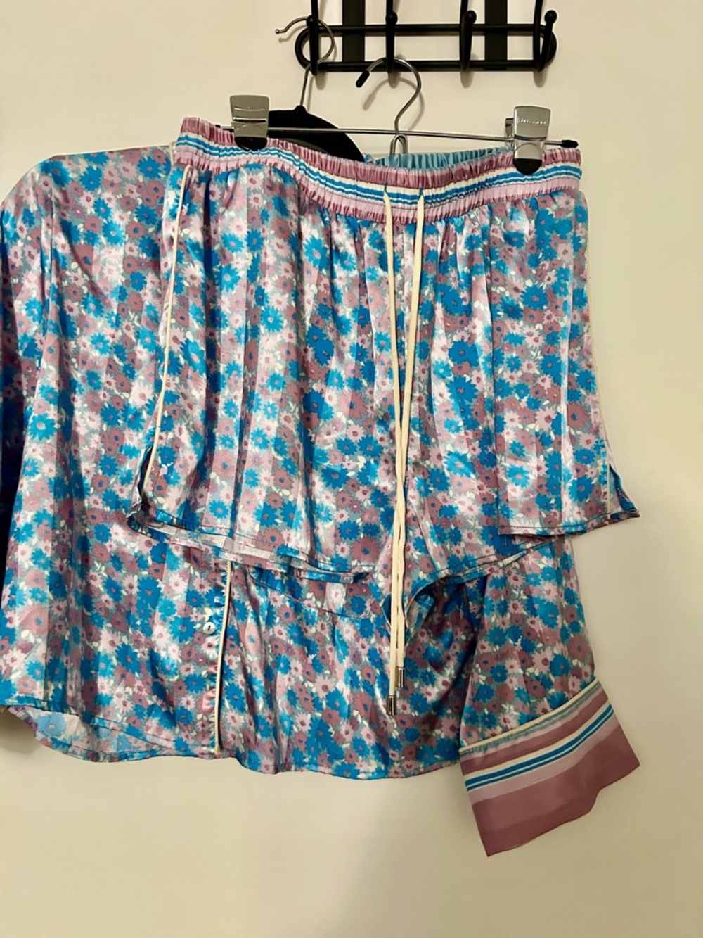 EUC Free people pillow talk Floral Blue & Pink Satin Sleep Shirt and Shorts Set - Picture 7 of 8